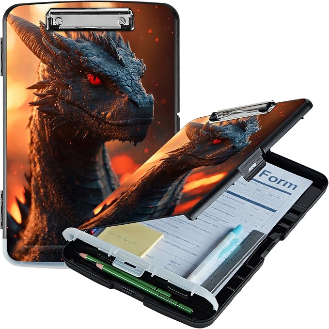 A4 Clipboard with Storage Pen Holder, Clipboards Organizer Nursing Clipboard Foldable File Folder Plastic Clipboard Folio Clip Board for Office Work Classroom Doctor, Red Eyed Dragon