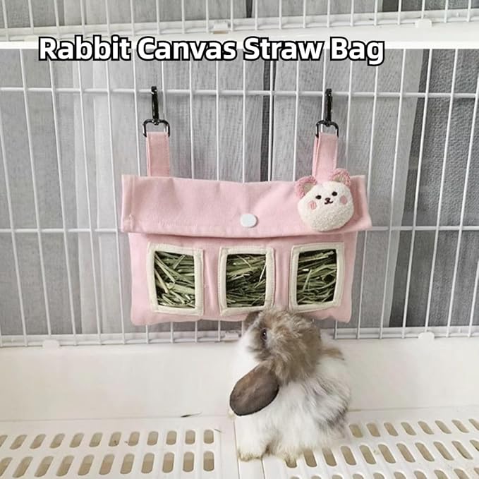 Rabbit Hay Feeder Bag with Cute Pendant, Storage Guinea Pig Feeder Rack Bag, Large Capacity Cotton Canvas Hanging Bag for Bunnies Chinchillas Guinea Pigs (Green,XL)