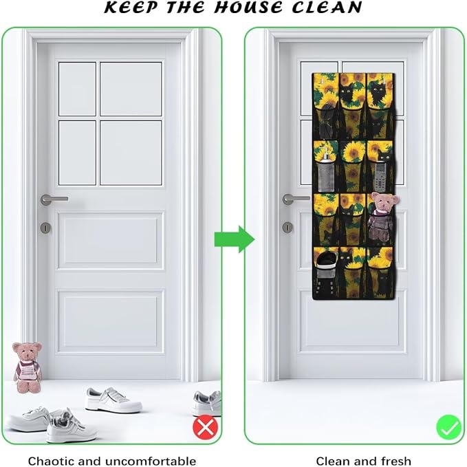 Sunflower Cat Over The Door Shoes Organizers,Behind Door Shoes Hang Holder Rack,Storage for Small Spaces,Hanging Storage Bags