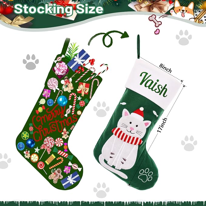 Personalized Christmas Stockings for Dogs Cats, Custom Pet Christmas Stockings with Embroidered Name, Red Green Dogs Cat Xmas Stockings for Holiday Decoration (3 Pcs)