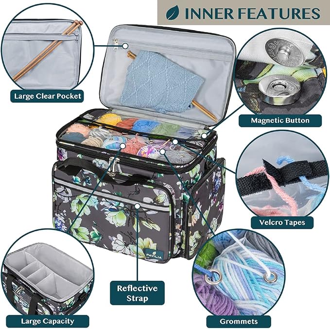 PAVILIA Knitting Bag Yarn Storage Tote, Large Crochet Organizer Bag, Yarn Storage Holder for Crocheting Knitter, Knitting Project Bag, Crochet Accessories Set, Gifts For Crochet Lovers, Floral Gray
