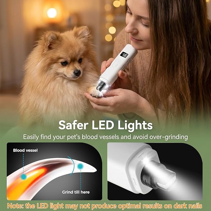 Ultra Quiet Dog Nail Grinder with LED Light, Cats & Dog Nail Trimmers, Anti-slip Dog Nail Clippers, High Speed Grinder for Cats, Small Medium Large Dogs, 3-Speed Adjustable, Replacement Grinding Heads