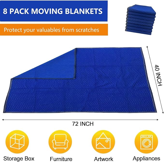 8 Pack Moving Blankets 40x72in Heavy Duty Padded Packing Blankets for Moving Shipping Protecting Furniture Professional Quilted Furniture Blankets for Moving Supplies