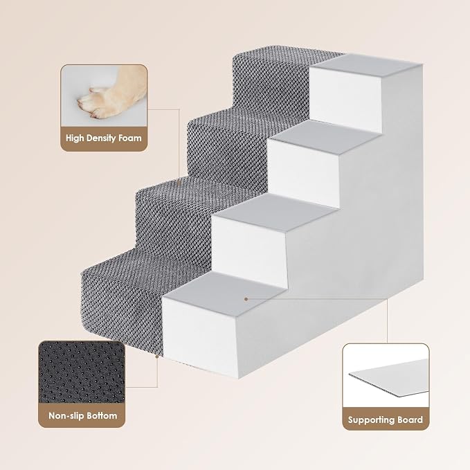 EHEYCIGA Dog Stairs for Bed 18" H, 4-Step Extra Wide Dog Steps for High Bed, Pet Steps for Small Dogs and Cats, Non-Slip Balanced Pet Ramp Indoor, Grey