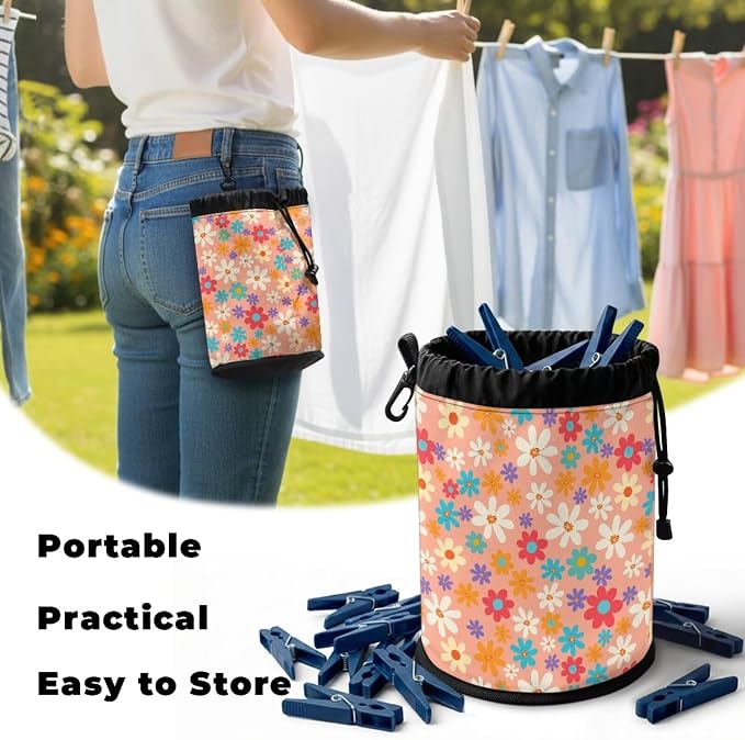 Floral Clothespin Storage Pouch Drawstring, Laundry Peg Bag Organizer with Multi-Hang Button, Portable Clips Holder for Drying Rack, Camping, Travel & Dorm