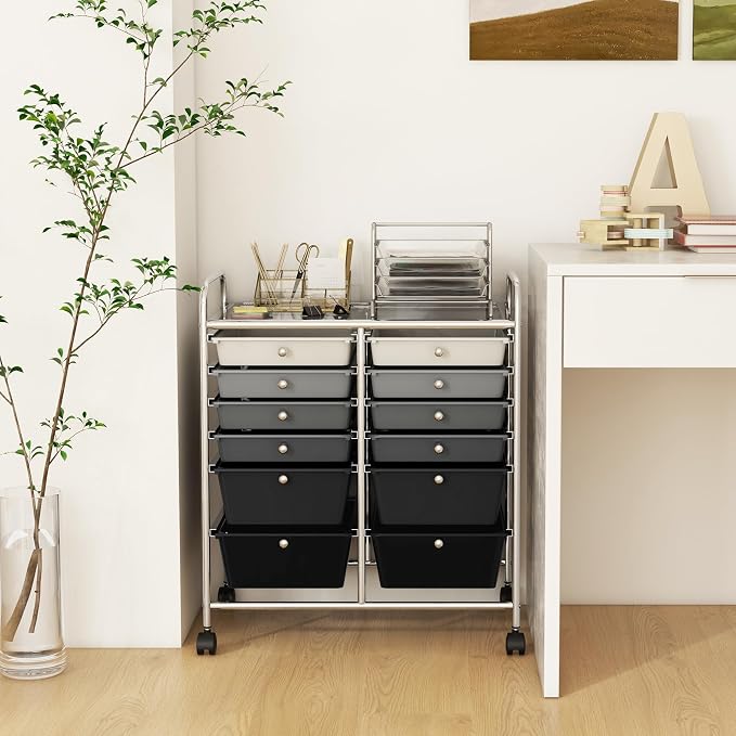 12 Drawer Rolling Storage Cart, Art Cart Organizer on Wheels, Mobile Utility Cart with Drawers, Multipurpose Craft Drawers for Home Office School Classroom (Mixed Black)
