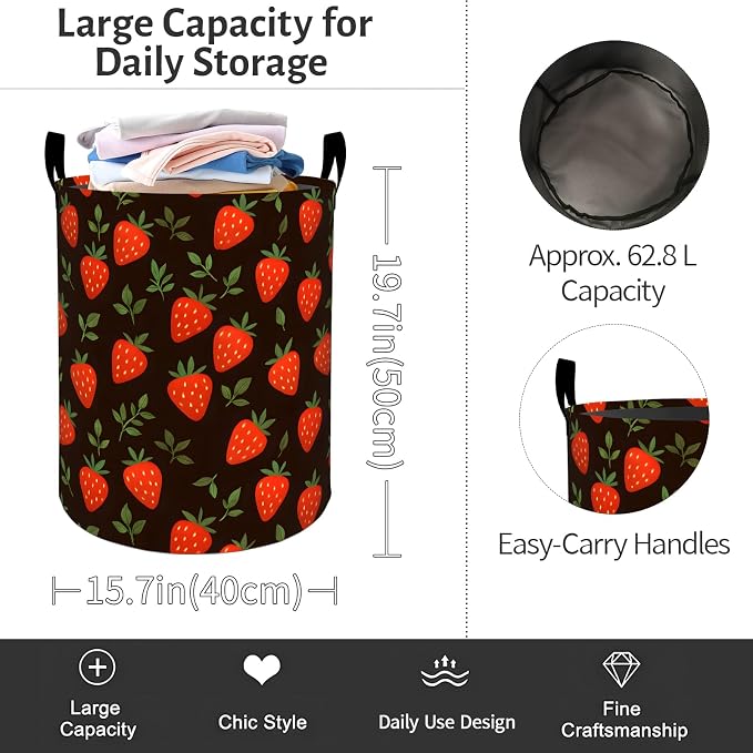 Strawberry Laundry Basket, Berry Leaf Foldable Oxford Cloth, Waterproof Dirty Clothes Hamper with Handles, Clothing Storage Bin Toy Organizer for Bedroom Dorm Bathroom, 19.7"x15.7"