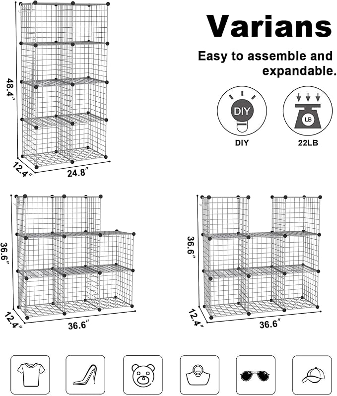 C&AHOME Wire Cube Storage, 8 - Cube Organizer Metal C Grids, Silver Gray | Modular Shelves Units, Closet Organizer, Storage Bins Shelving, Ideal for Home, Office, Living Room