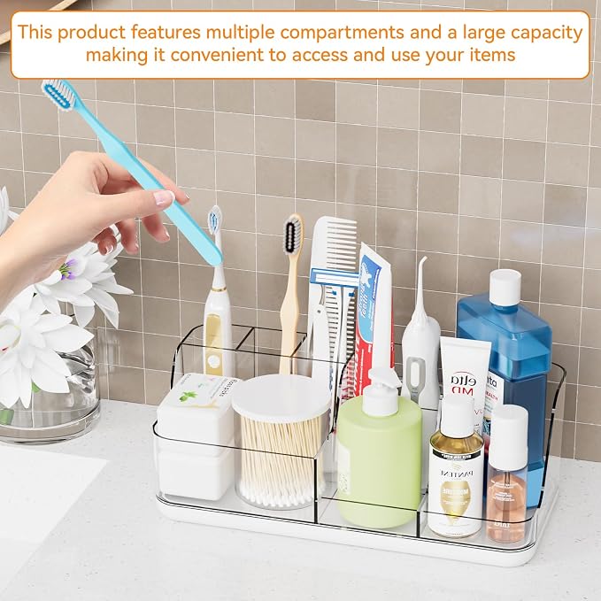 Mens Bathroom Organizer Countertop,Bathroom Sink Caddy Countertop Storage,White 7 Slot Vanity Bathroom Toiletry Organizers and Toothbrush Holders for Toothpaste,Electric Tooth Brush Organizer