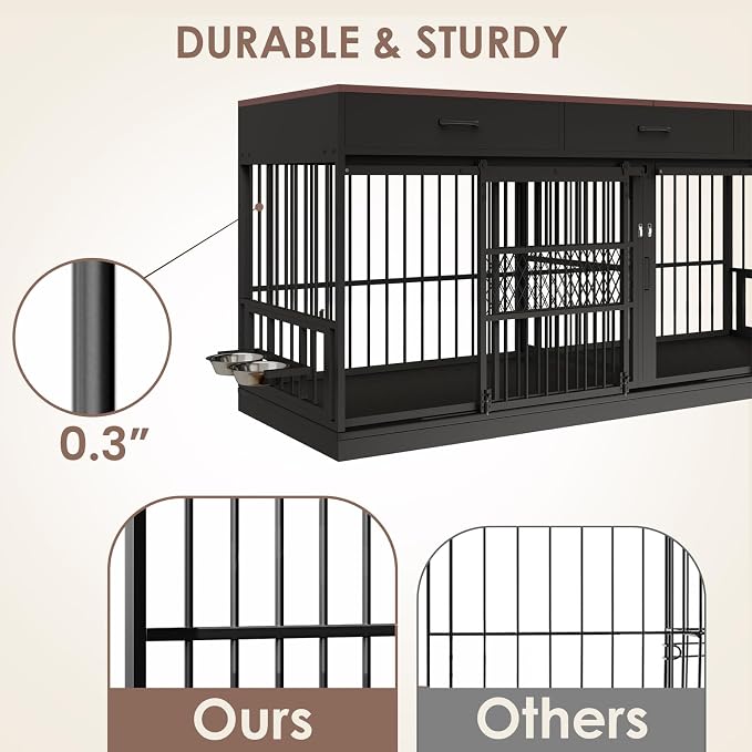 78.7" Extra Large Dog Crate Furniture TV Stand w/ 3 Drawers for 2 Dog | 2-in-1 crate & TV stand w/ removable divider. 3 drawers. 360° steel bowls. Heavy-duty, chew-proof. Fits large breeds.