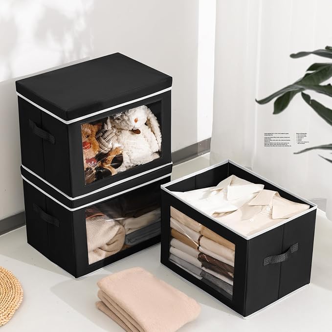 Large Storage Bins with Lids - Fabric Storage Cubes with Window, Collapsible Bins for Clothes, 15.7 Inch Large Baskets for Bedroom, Dorm, Office, Black, 6 Pack