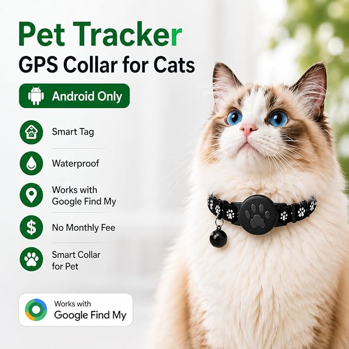 Pet Tracker,GPS Collar for Cats (Android Only) Smart tag,Waterproof Compatible with Google Find My,No Monthly Fee,Advanced Tracking Solution Smart Collar for Pet Safety Ideal Small Large Cats
