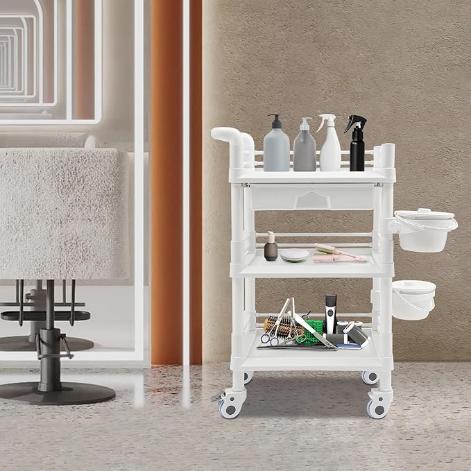Mobile Salon Storage Cart with Wheel and Drawer, Portable 3-Tier Professional Trolleys, 176 Lbs Load Utility Tool, for Barber Stores, Spas, Homes, Beauty Store, Pet Shops