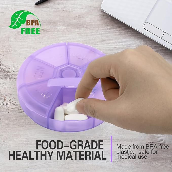Portable Weekly Pill Organizer (Pack of 2) 7 Day Container,Round Case Travel Friendly,Daily Week Pill Reminder,Vitamin,Supplement,Fish Oil,Medication Planner (Purple)