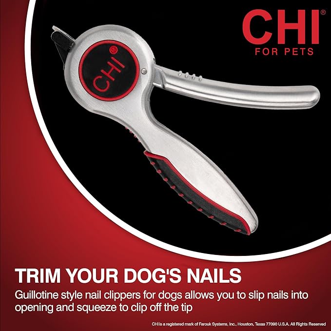 CHI for Pets Guillotine Nail Clipper for Dogs - Stainless Steel Dog Nail Cutter with Safety Guard and Ergonomic Soft Grip Handle - Grooming Tool for All Dog Breeds, Guillotine Nail Clipper, One Size
