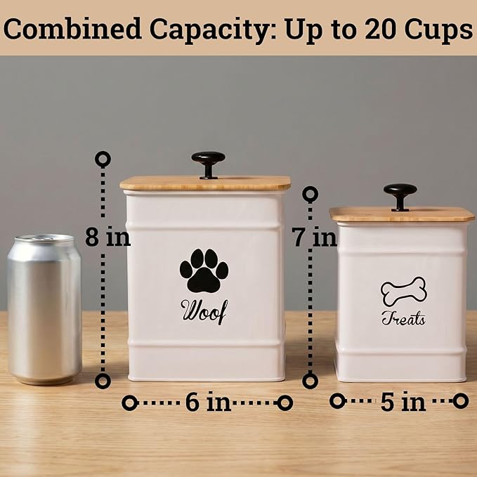 Dog Treat Container Set of 2 with Airtight Bamboo Lids - 8x6 & 7x5 inch | Fits All Popular Treats, Up to 20 Cups Combined Capacity, Airtight Bamboo Lid, Easy Open Lid, Dent-Resistant Durable Metal