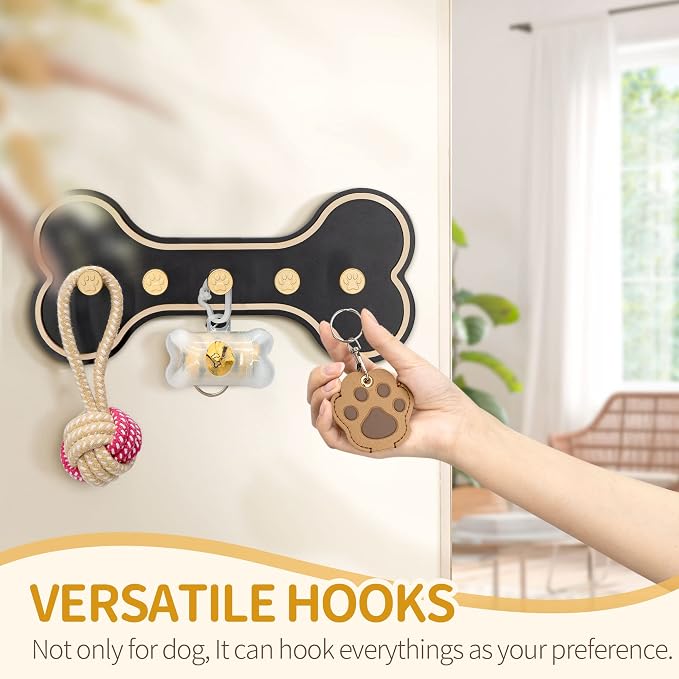 MTERSN Dog Leash Holder Wall Mount with 3D Paws Hooks for Entryway, Black | Dog Bone Dog Leash Holder for Wall, 5 Dog Leash Hook, Farmhouse Decor, Gift for Dog Lovers, Leash and Key Storage