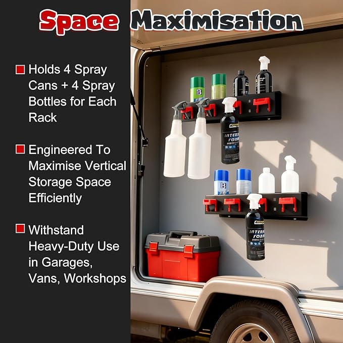 Spray Bottle Holder, 2 Pack Wall Mount Car Detailing Can Holder Spray Rack | Heavy-Duty Carbon Steel Auto Detail Spray Bottle Organizer, Spray Can Holder with Hooks for Garage Workshop Van Shed Storage