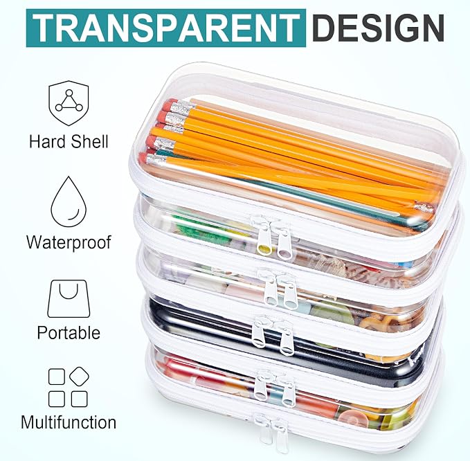 20 Pcs Clear Hard Zipper Case Bulk Hard Shell Plastic Pouch Transparent Double Zippers Toy Storage Organizer Bins for Building Blocks, Puzzles, Cosmetics(7.48 x 2.94 x 2 Inch)