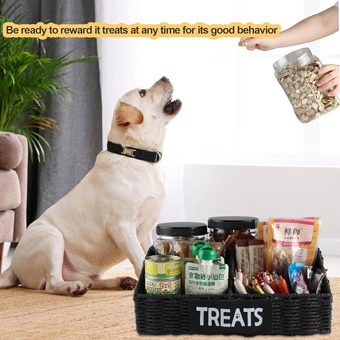 Trapezoidal Dog Treat Container Airtight,3-Compartments Dog Treat Organizer,Dog Treat Storage Countertop,Pet Caddy,Great Gift for Pet Dog Owners-Black Wicker Basket