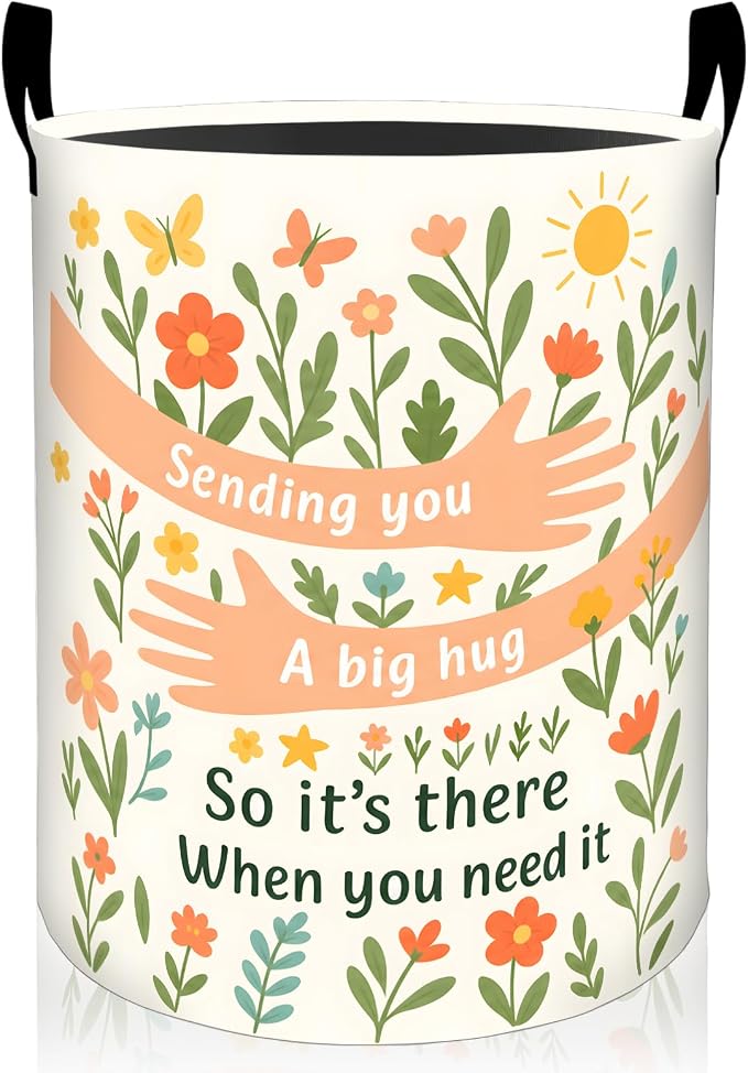 Hug Quote Laundry Basket, Whimsical Floral Hand Oxford Cloth Dirty Clothes Collapsible Hamper for Room Decor, Get Well Gifts, Toy Organizer 19.7 x 15.7 Inches for Bedroom Bathroom Dorm