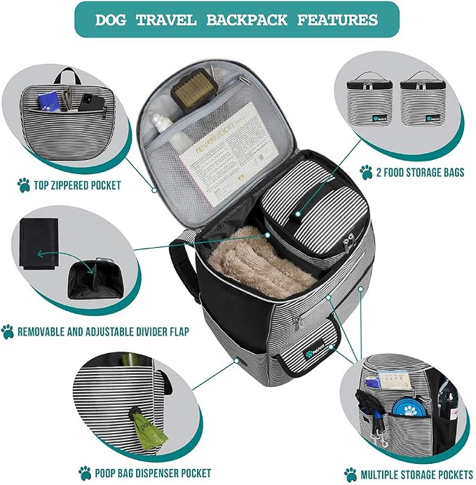 PetAmi Dog Travel Backpack Airline Approved Pet Supplies Bag, Stripe Black | Cat Traveling Suitcase Organizer for Weekend Road Trip Camping; 2 Food Containers, 2 Collapsible Bowls & Poop Bag Dispenser