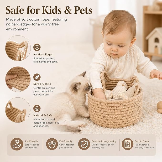 Small Woven Baskets | Mini Storage Bins | Cotton Rope Baby Nursery Organizers | Cute Round Cat Ears Basket for Organizing Desk Decor Kids Toy Dog Cat Baby Girls Gifts-Set of 3(Beige)