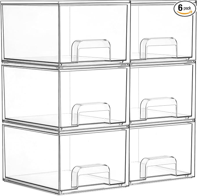 Vtopmart 6 Pack Small Clear Stackable Storage Drawers for Desk, Countertop | Bathroom Makeup Accessories Organizer, Plastic Bins For Desk, Vanity, Undersink, Medicine Cabinet ,Home Organization