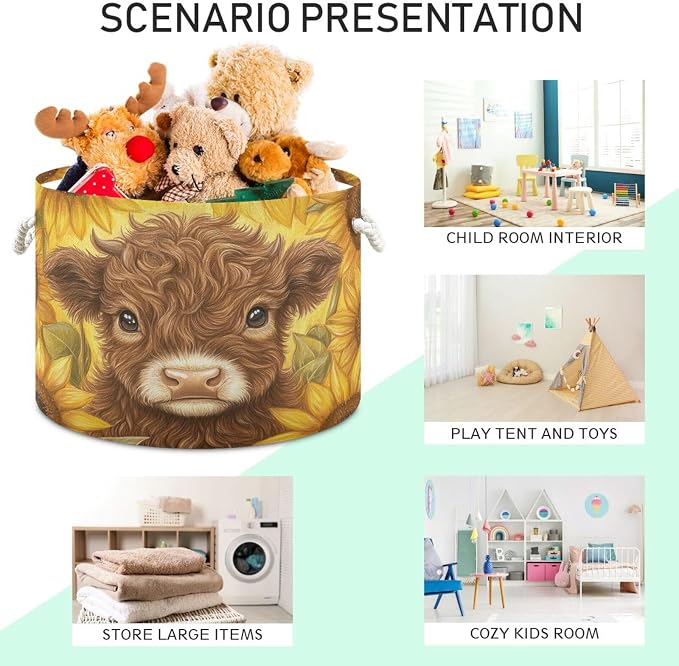 DOMIKING Large Storage Basket for Toys Cow Sunflowers Golden Storage Bin Box Kids Laundry Hamper for Laundry Hamper Kid's Room Baby & Dog Toy