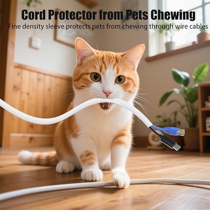 Cord Protectors from Pets No Chew, 3/8 inch 10ft Wire Protector Cord Covers for Pets, Flexible Cable Sleeve Cord Management for TV/Computer/Electric Wires/Phone Charging Cables, White