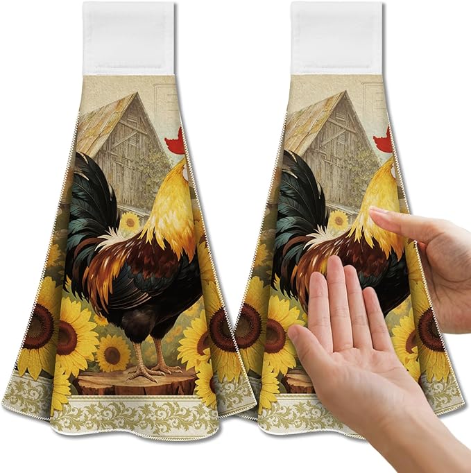 CUTHOLLOW Rooster and Sunflower Hanging Kitchen Towels with Loop, Set of 2 - Soft & Super Absorbent Microfiber Decorative Hanging Dish & Hand Towel, Tea, Coffee Towel for Kitchen Bathroom Oven Handle