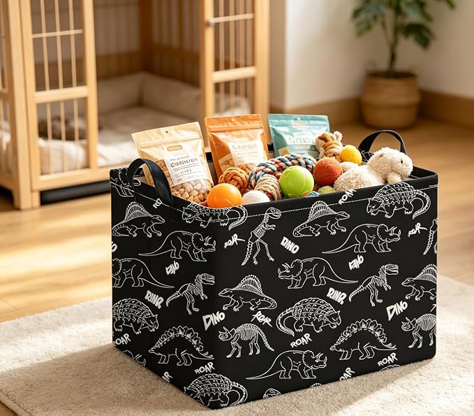 Rectangle Storage Basket with Handles,Collapsible Storage Bin,Books Box,Gift Basket(Black Line Dinosaur)