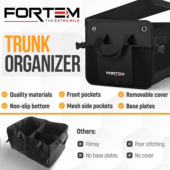FORTEM Trunk Organizer - Collapsible Car Organizer & Storage Bag for SUVs | Car Accessories for Men & Women, Cooler Bag, Non Slip Bottom, Straps, Soft Cover, 1680D Oxford, 3 Compartments, Black, 65L