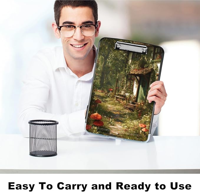 A4 Clipboard with Storage Pen Holder, Clipboards Organizer Nursing Clipboard Foldable File Folder Plastic Clipboard Folio Clip Board for Office Work Classroom Doctor, Red Mushroom Village