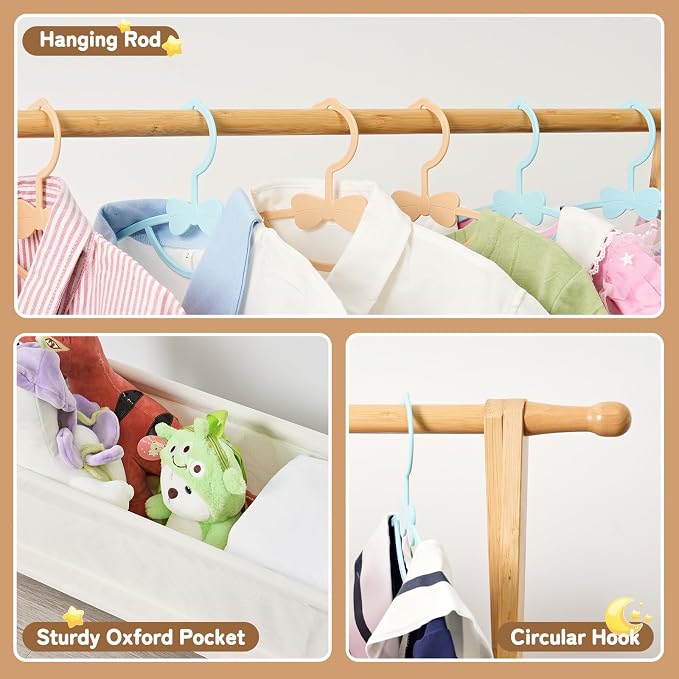 Bamboo Kids Clothing Rack with Storage Box - Foldable,Kids Dress Up Rack with Hooks & Rod, Organize Dress Up Storage & School Uniforms, Perfect for 4-13 Year Olds