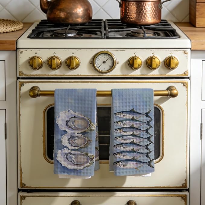 2PCS Vintage Sardines Oyster Kitchen Towels 14x24 Inch, Microfiber Decorative Dish Cloth Tea Towel, Sardines Waffle Hand Towels for Home Farmhouse Kitchen Bathroom, Housewarming Gifts for Women Men