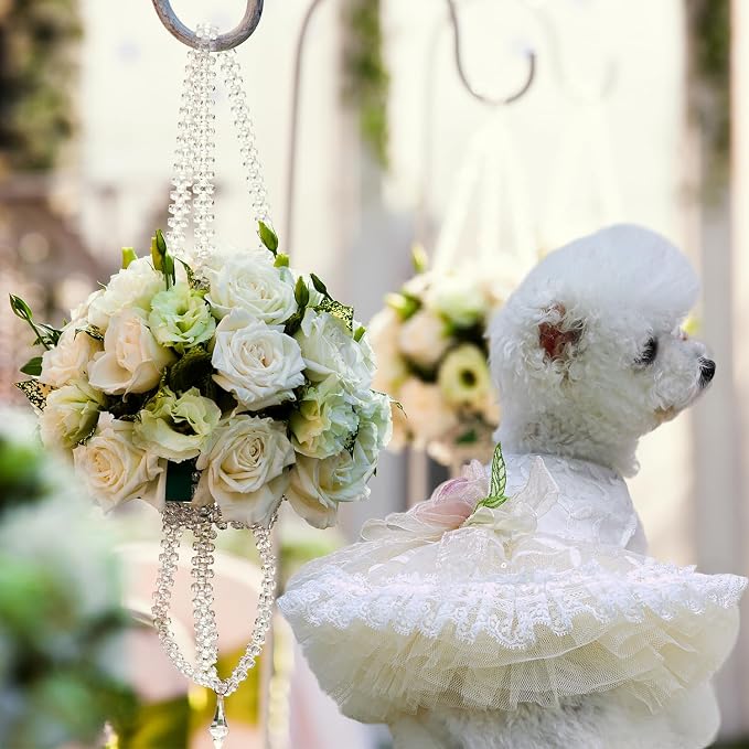 FLAdorepet Luxury Rose Lace Dog Dress with Leash Ring,Pet Bride Costume Clothes for Small Dogs Girls,Formal Dog Wedding Party Dresses Apparel (White, X-Small(Chest 11"|Weight 2-3Lbs))