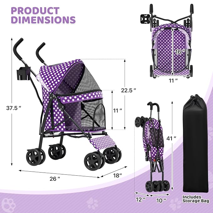 Magshion Compact Fold Pet Travel Stroller for Small Dogs Cats, Purple | Up to 22lbs, 4-Wheel Lightweight Umbrella Shaped Design, Safety Tethers, Breathable Mesh, Cup Holder & Rear Storage