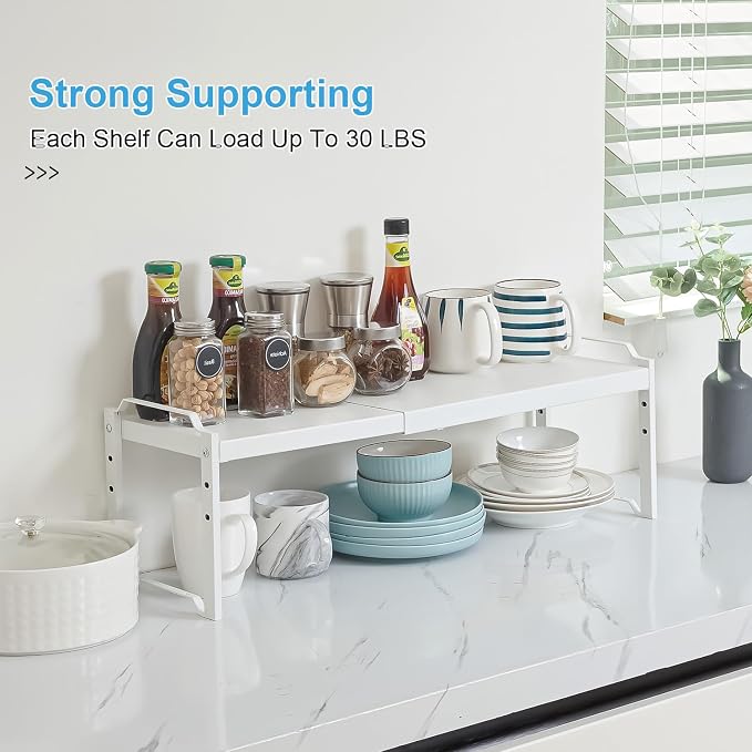 Set of 2 Expandable Kitchen Cabinet Shelves Organizers, Stackable Adjustable Small Storage Shelf Rack Stand For Pantry Cabinet Cupboard Kitchen Counter Organization, 22 lbs Capacity, Length:20.5"