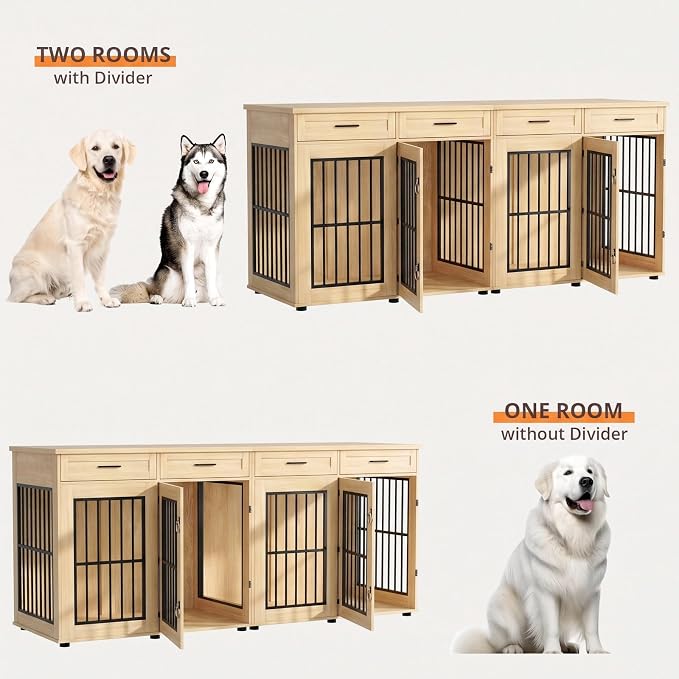 VOWNER 87"Dog Crate Furniture for 2 Dogs, Double Dog Cage Furniture,Natural | Extra Large Wooden Dog Kennel with 4 Drawer, Removable Divider, Furniture-Style TV Stand, XXL Dog Crate for Large Medium Dogs