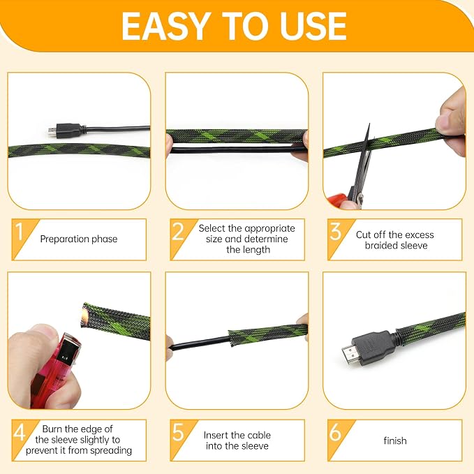 Braided Cable Sleeve, 33ft Expandable Wire Loom for Automotive Wiring Harness & PC Case, Pet-Proof Chew Resistant Cord Protector, Flexible Cable Management (Black-UV Yellow, 16mm (5/8"))