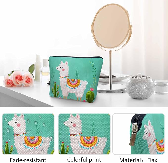 Makeup Bag Llama Makeup Bags For Purse Pouch, Funny Llama Alpaca Cactus Floral Green Travel Toiletry Bag Cosmetic Bag Makeup Bags Flax Makeup Organizer Bag Pencil Pouch For Man Woman