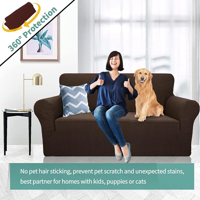 YEMYHOM Couch Cover Latest Jacquard Design High Stretch Sofa Covers for 2 Cushion Couch, Pet Dog Cat Proof Loveseat Slipcover Non Slip Magic Elastic Furniture Protector (Loveseat, Dark Coffee)