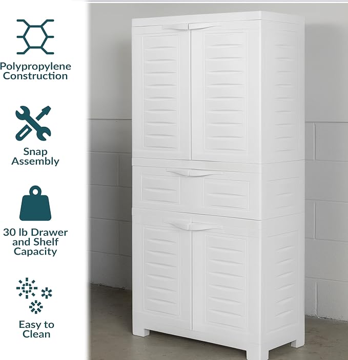 Sunnydaze 57" Garage Storage Cabinet with Doors & Shelves, Speckled White | Heavy Duty Resin Storage Cabinet Resists Rust & Peeling, Utility Cabinet with Drawer & Anti-Tip Kit for Laundry, Office