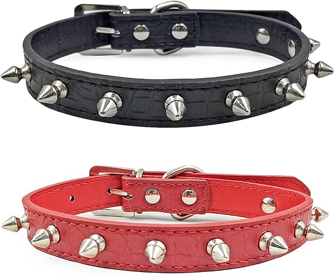 Enjoying Spiky Dog Collar, Spiked Dog Collar for Large Dogs, Anti-Bite Studded Protective Pet Neck, Faux Leather Spiky Collar with Metal Rings for Hold Pet Tags/Leash, Adjustable, Red, L