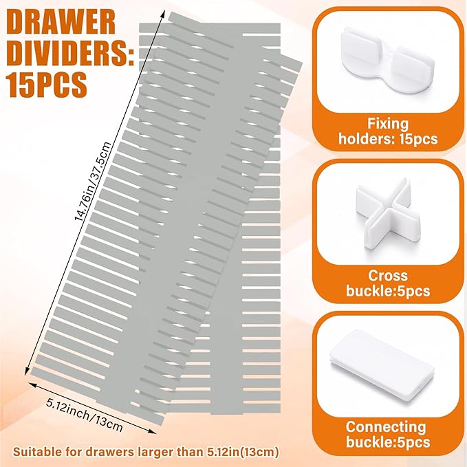 Blosssound 15 Pcs 5.12 Tall Drawer Divider Adjustable Drawer Organizer,Grey | DIY Deep Storage Organizer Separator with Fixed Buckle for Underwear Socks Dormitory Office Kitchen Bedroom