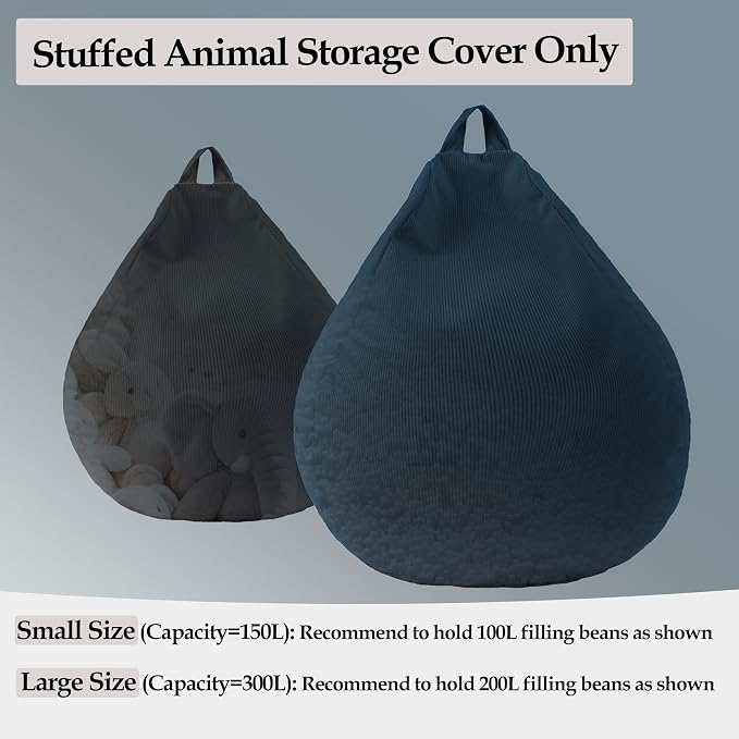 LPMOERA Stuffed Animal Storage Soft Bean Bag Cover No Filler Navy Blue | Skin-Friendly,Portable,Wide Easy-Load Opening,Hidden Zipper,Decorative Organizer