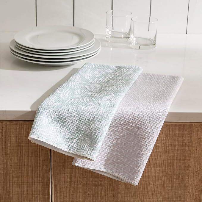 Set of 2 Waffle Kitchen Towels, Quick Dry Dish Towels, Absorbent Reusable Cleaning Tea Towels with Fern Leaf Print,18” x 30”, Housewarming Gifts