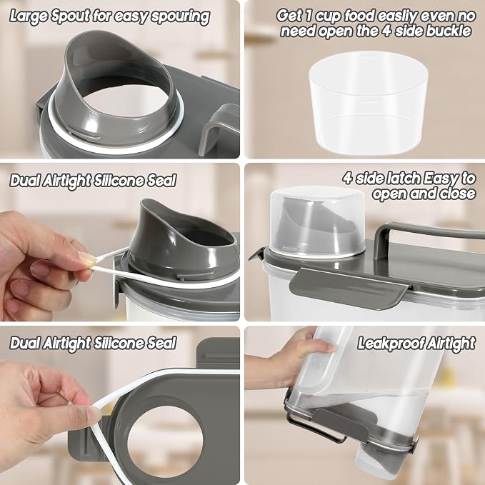 LEAWALK 5-7Lbs Cat Dog Pet Food Storage Container with Large Nozzle Design/4 Safety Buckles/Double-Layer Sealing Strips/Handle/Measuring Cup is Easy to Clean and Does -Khaki