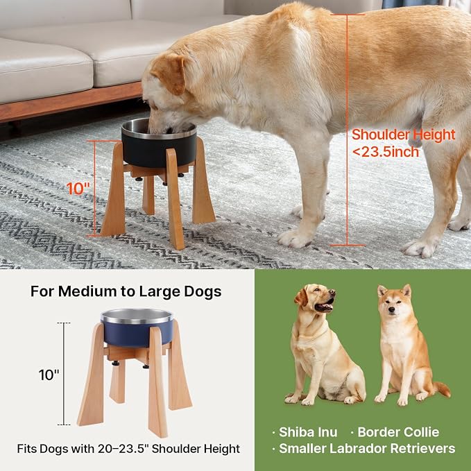Wooden Elevated Dog Stand Set with Bowl, 10" Height Raised Adjustable Width | Fits 6.3-7.8 Inch Dog Bowls, Stainless Steel Bowl for Food Water, Neck Protection Design for Medium Breed, Senior Dogs